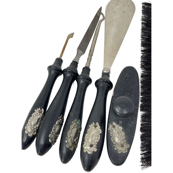 Victorian Vanity 6 PC Set Wood Ornate Decorated Nail Tools Shoe Horn Button Hook - Picture 2 of 12